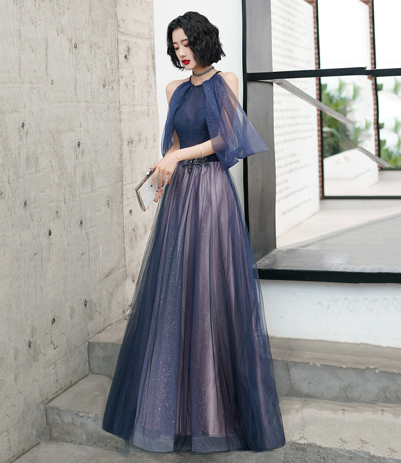 Blue tulle sequins long prom dress blue evening dress 10497