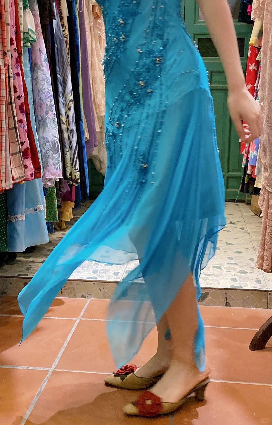 Elegant Blue Irregular Deep V Halter Beaded Chiffon Prom Dress Evening Dress cc5294