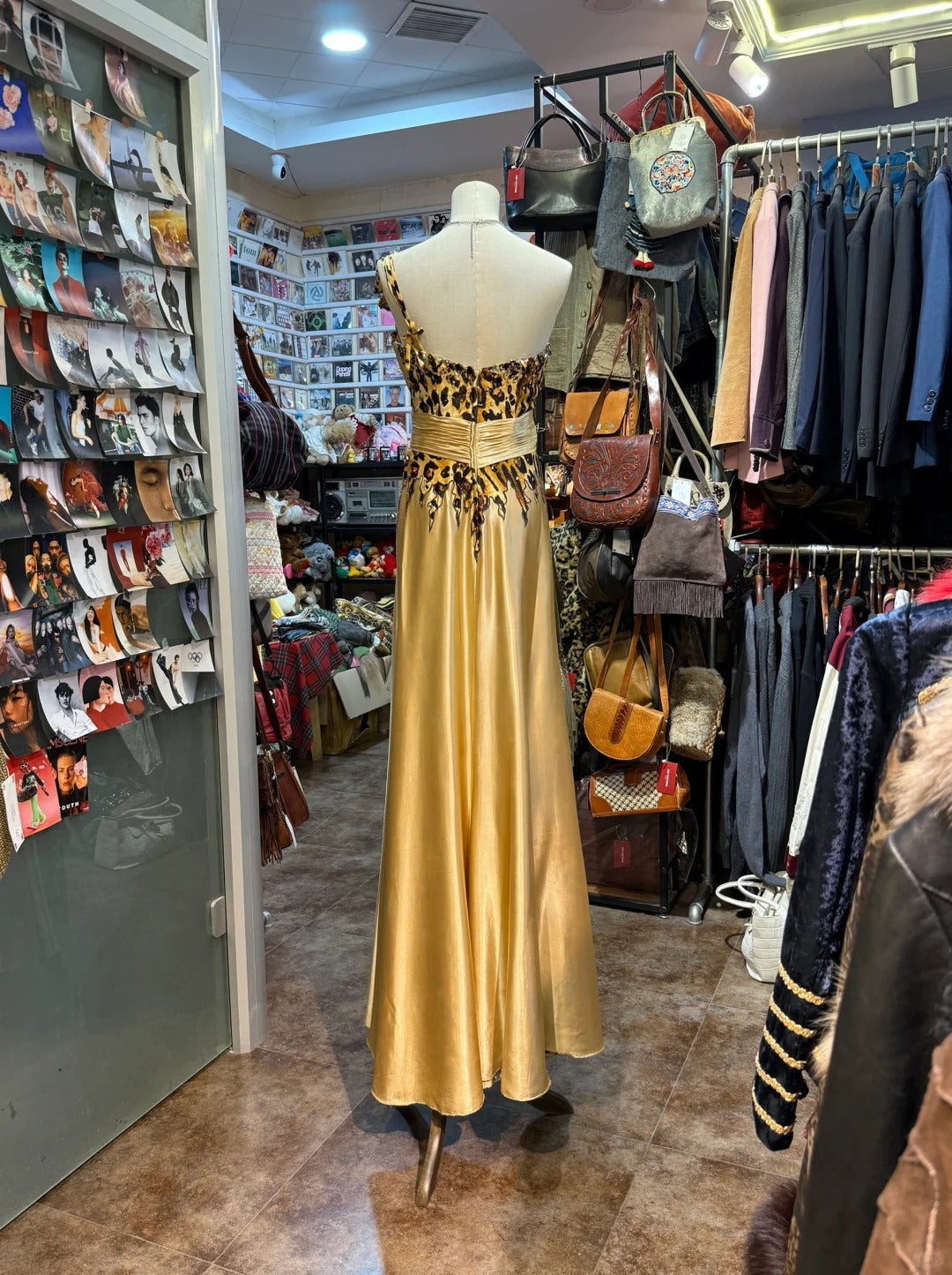 Wild Gold-Brown Leopard Print One-Shoulder Satin Long Prom Dress Evening Dress cc5312