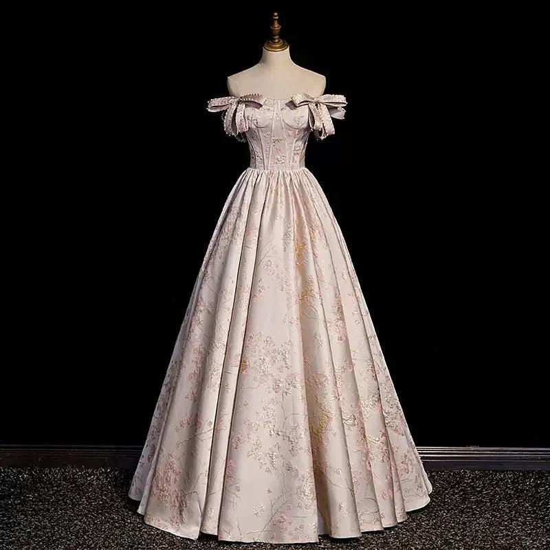 Girlhomeshops-Pink floral beaded long satin and floor formal ball gown with tie up dress gh5313