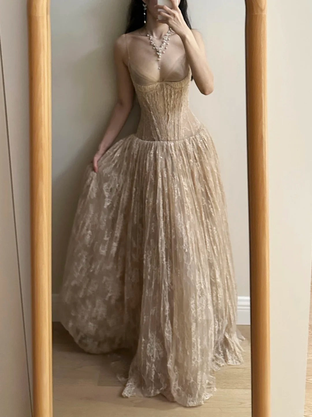 Elegant Nude Apricot A-line Deep V Halter Lace Long Prom Dress Evening Dress Bridesmaid Dress cc5372