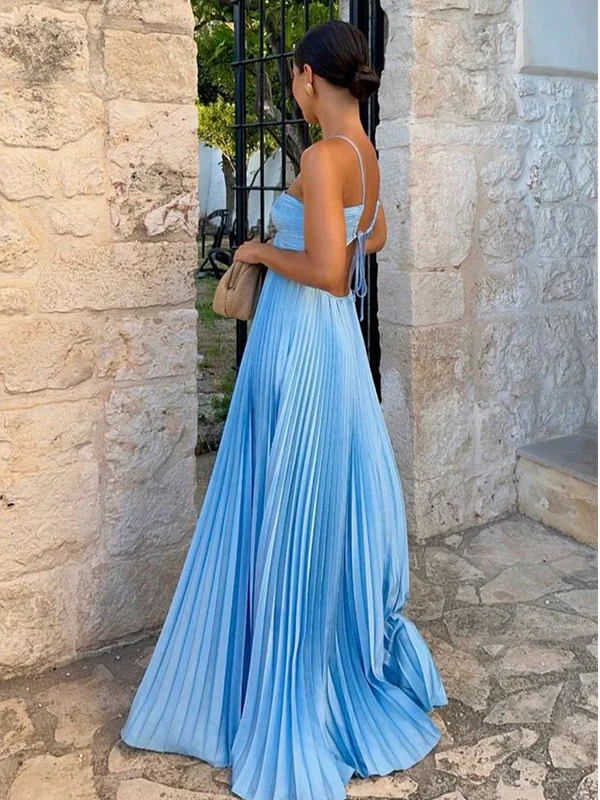 Sexy Halter Satin Pleated A Line Party Dress,Blue Backless Prom Evening Dress cc2557