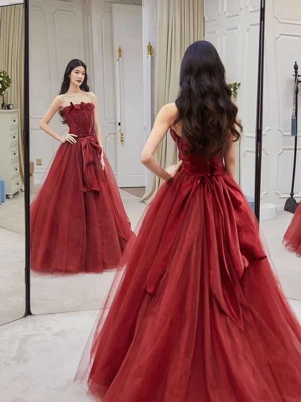 Pretty Burgundy Strapless Tulle Long Prom Dress Party Evening Dress cc1920