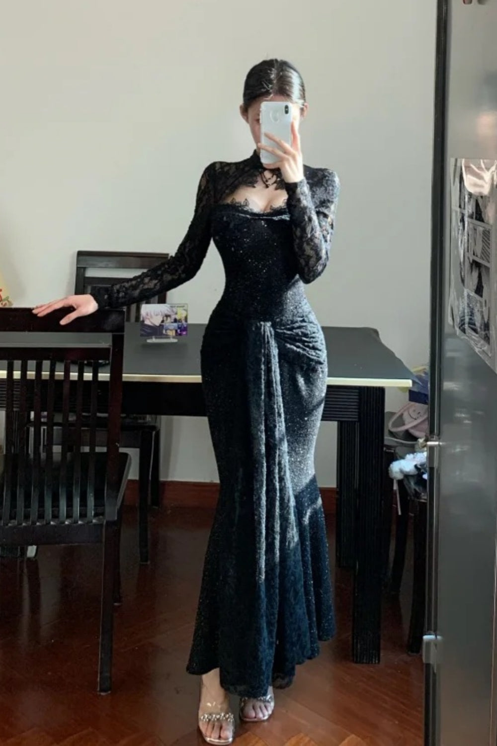 Black long sleeved exquisite lace long elegant Prom dress graduation formal dress gh6629