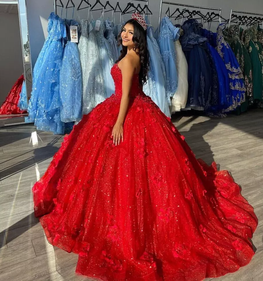 Classy Strapless Red Sequin Tulle Appliques Ball Gown ,Formal Sweet 16 Dress cc2672