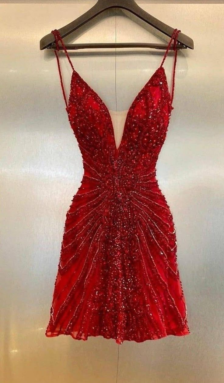 Sparkly Spaghetti Straps Sequin Beaded Short Cocktail Dress Red Mini Party Dress Homecoming Dress cc3331