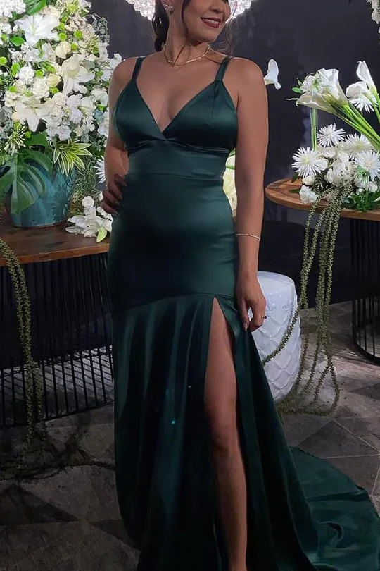 Green Straps Mermaid Prom Dress Leg Split Satin Long Formal Evening Dresses