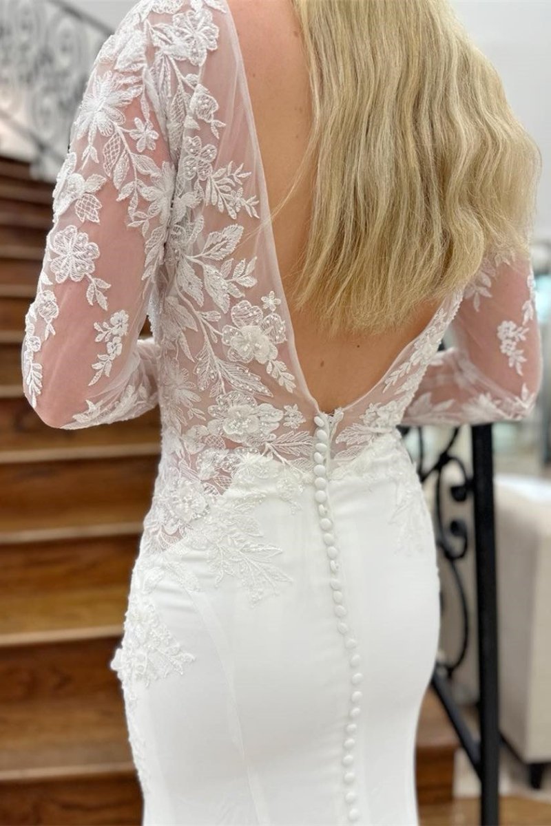 Maeve | White Appliques Plunge V Mermaid Bridal Gown with Long Sleeves