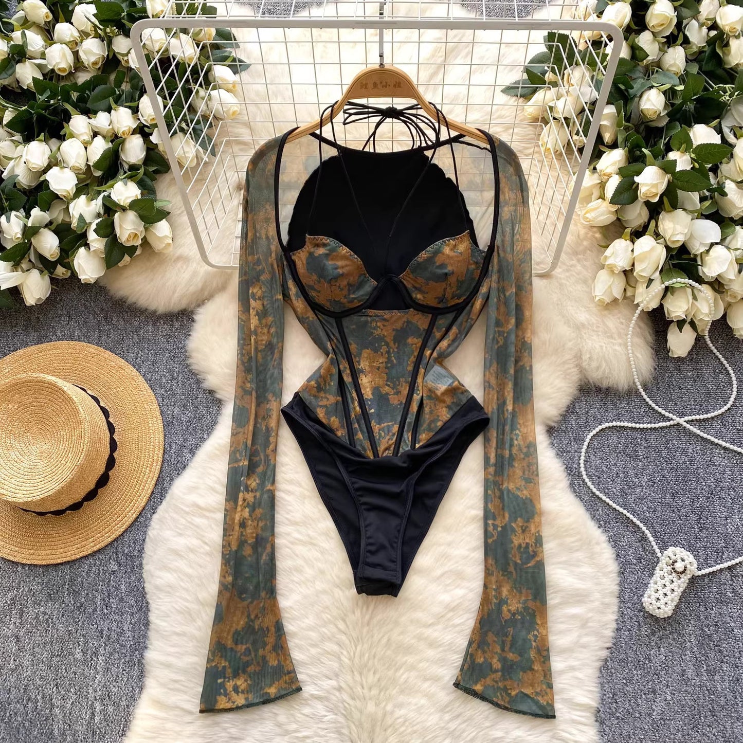 European and American style women's sexy low-cut halter neck mesh printed long-sleeved bodysuit shapewear top 11497