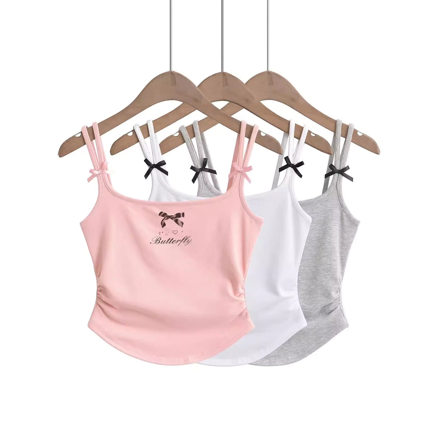 Thai-style sexy bow print camisole for women, summer dopamine sweet and spicy outerwear, short ruched slim fit vest 11404