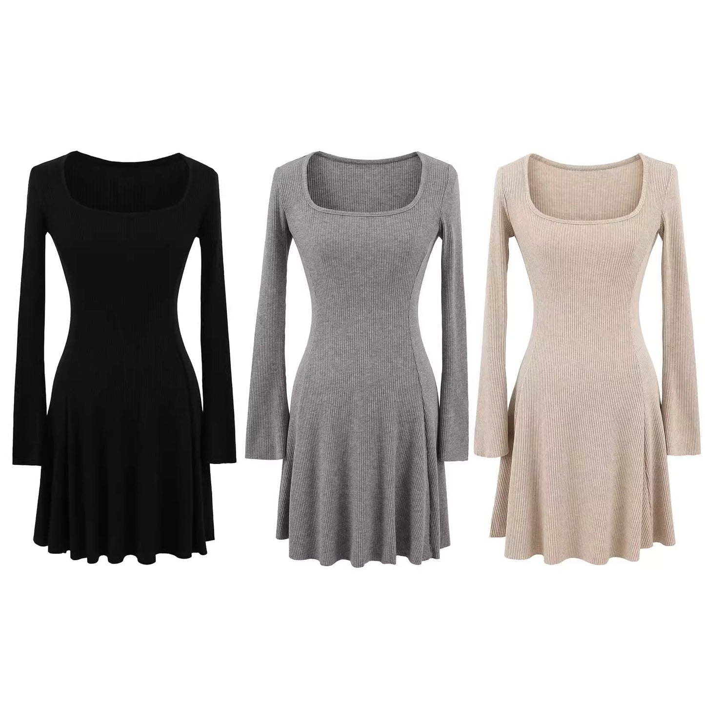 Black square neck long-sleeved knit dress for women, autumn and winter, slimming and flattering, perfect as an inner layer or sweater dress. 11439