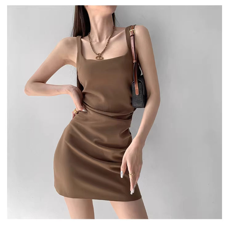 Square neckline pleated waist bodycon dress, high waist, slimming sleeveless suspender dress, sexy short skirt, trendy 11475