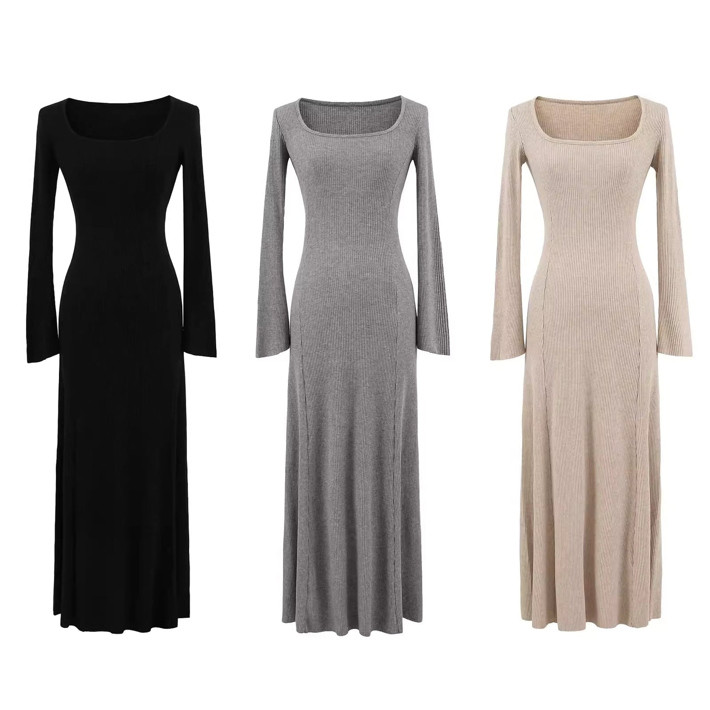 Black square neck long-sleeved knit dress for women, autumn and winter, slimming and flattering, perfect as an inner layer or sweater dress. 11438