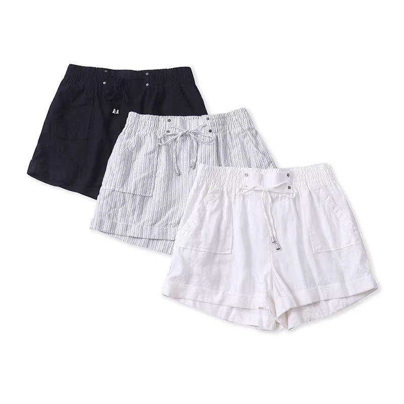 Summer skin-friendly breathable cotton and linen high-waisted wide-leg shorts for women, leg-lengthening straight-leg pants, casual pants, suitable for wearing outside. 11375