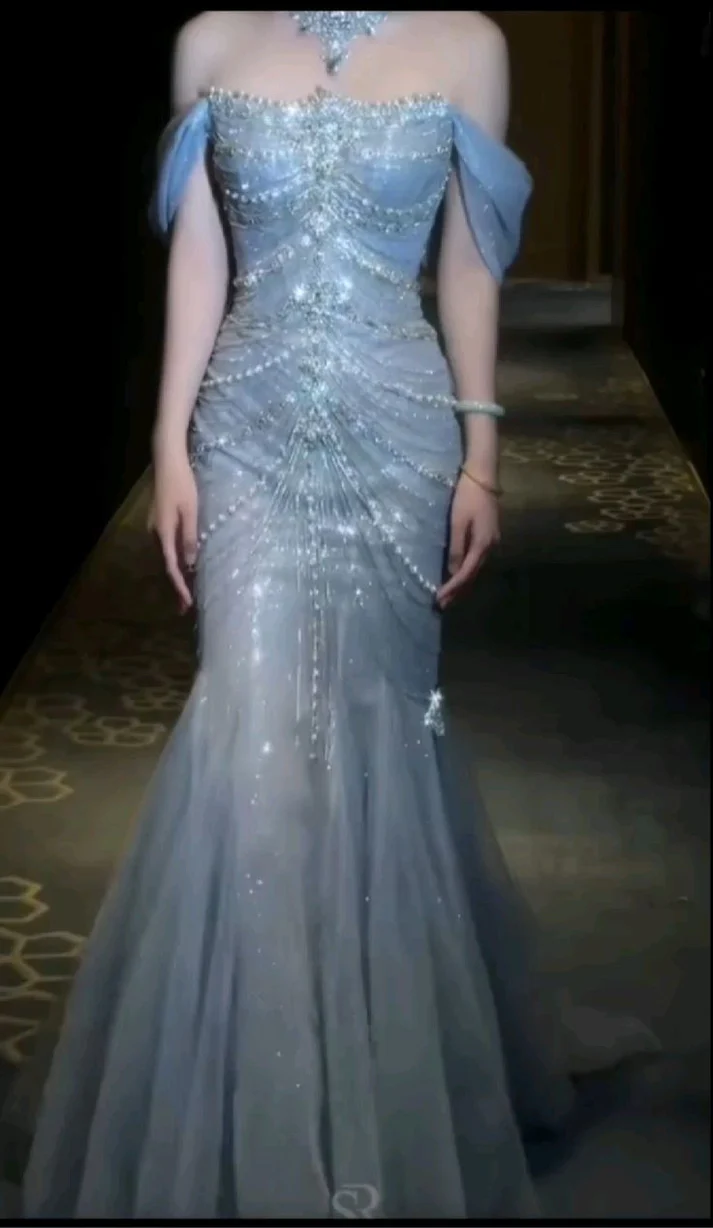 Luxury Blue Mermaid Strapless Tulle Beaded Long Prom Dress,Off The Shoulder Evening Dress cc2536