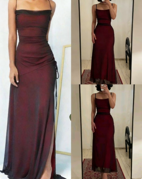 Simple Burgundy Mermaid Square Neck Halter Tulle Long Prom Dress Evening Dress cc4949