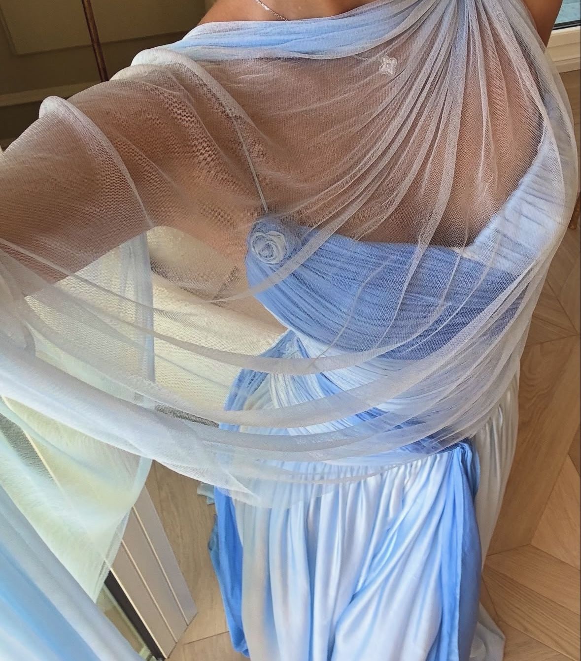Elegant Blue Gradient A-line V-neck Spaghetti Strap Pleated Tulle Long Prom Dress Evening Dress cc5055
