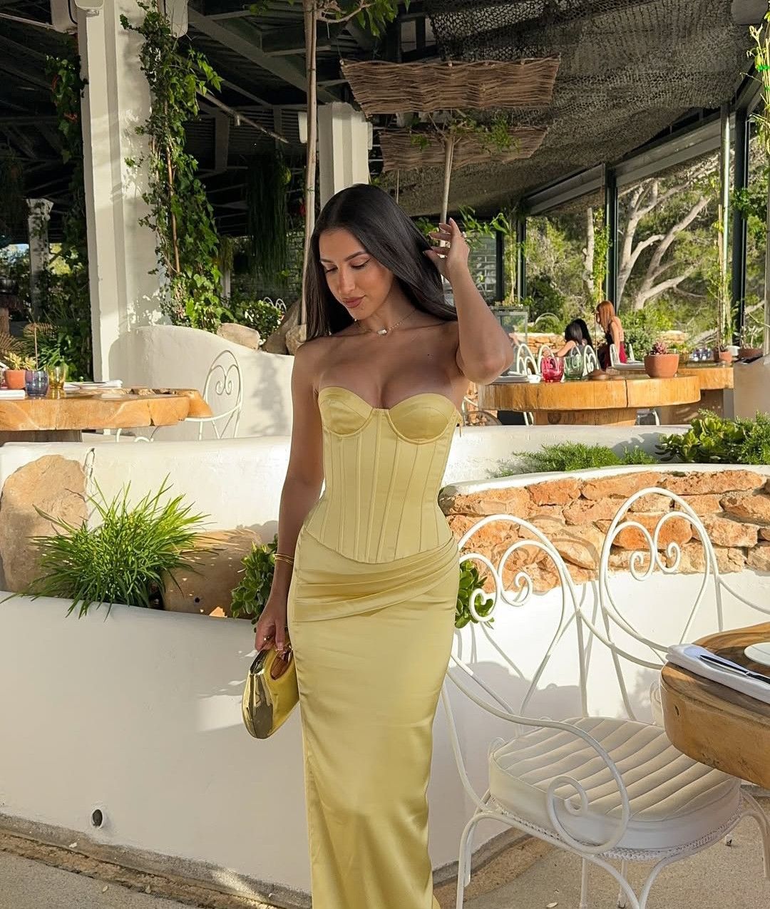Elegant Yellow Mermaid Strapless Waist-cinching Satin Long Prom Dress Evening Dress cc5070
