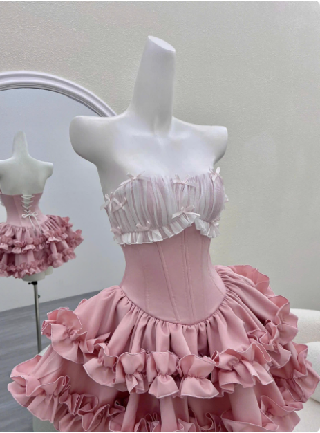 Princess Tube Top Fishbone Waist Ruffled Puffy Birthday Skirt Homecoming Dress cc3817