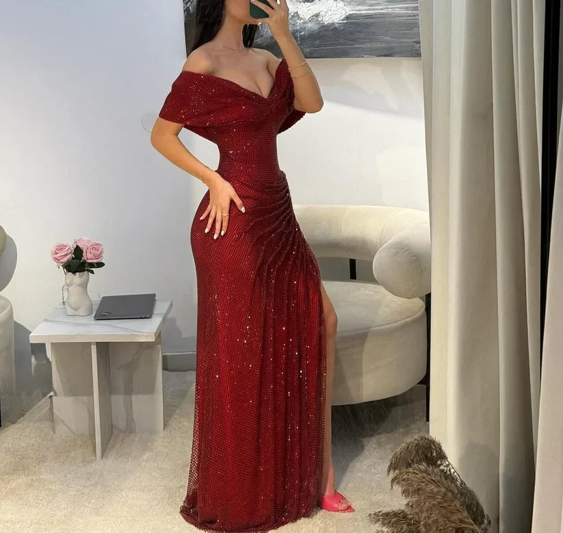 Luxurious Burgundy Mermaid Off-the-Shoulder V-Neck Rhinestone Tulle High-Slit Long Prom Dress Evening Dress cc5189