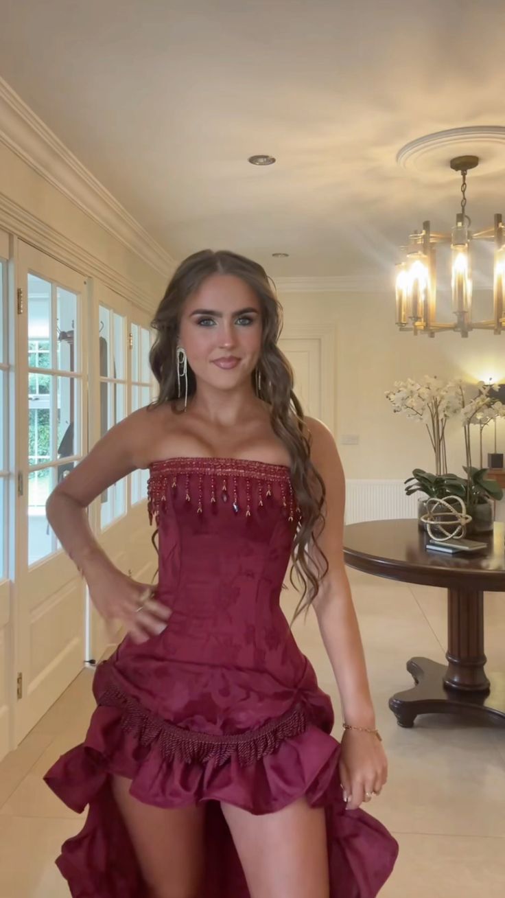 Elegant Burgundy Strapless Slim-Fit High-Low Hem Satin Prom Dress Evening Dress cc5206