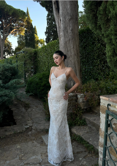 French Elegant Champagne Apricot Mermaid Spaghetti Strap Deep V-Neck Embroidered Lace Long Prom Dress Evening Dress cc5259
