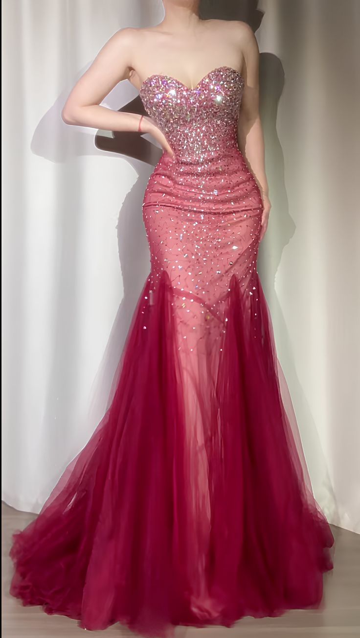 Gorgeous Gradient Magenta Sweetheart Mermaid Sequin Beaded Tulle Long Prom Dress Evening Dress cc5484