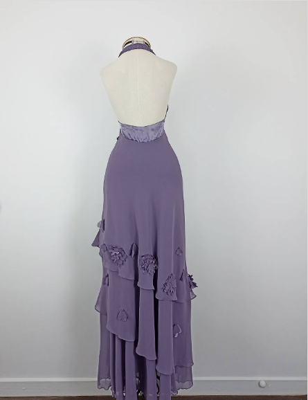 Pretty Purple Halter V-Neck 3D Floral Layered Irregular Chiffon Long Prom Dress Evening Dress cc5505