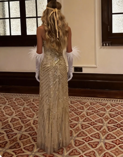 Gorgeous Champagne Gold V-Neck Mermaid Sequin Striped Tulle Long Prom Dress Evening Dress cc5523