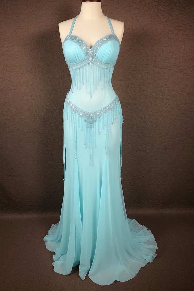 Sexy Lake Blue Halter Neck Mermaid Beaded Tassel Chiffon Train Prom Dress Evening Dress cc5529
