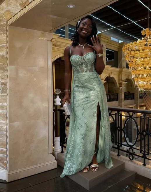 Classic Mint Green Spaghetti Strap Lace Embroidered High Slit Long Prom Dress Evening Dress cc5551