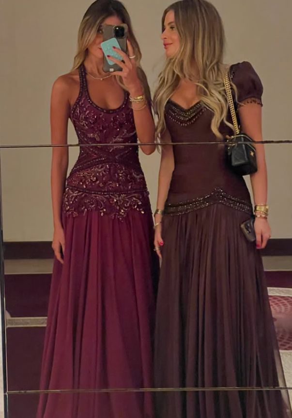 Vintage Retro Dark Coffee Short Sleeve Beaded Tassel Chiffon Long Prom Dress Evening Dress cc5606