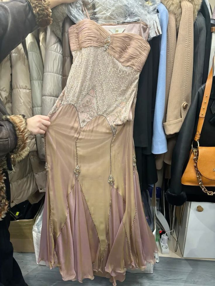Vintage Nude Pink Spaghetti Strap Beaded Mermaid Chiffon Long Prom Dress Evening Dress cc5640