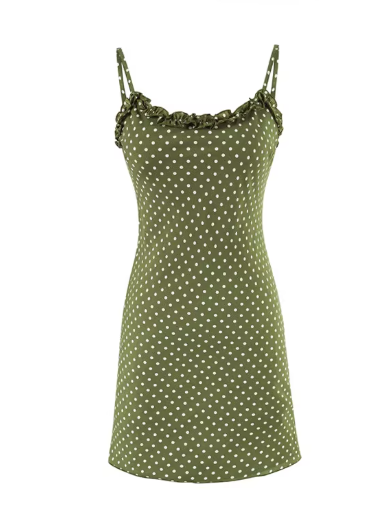 French retro style ruffled trim exposed collarbone halter dress, green base with polka dot print. 11351