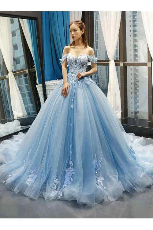 Light Sky Blue Off The Shoulder Ball Gown Tulle Prom Dress With Applique gh2282
