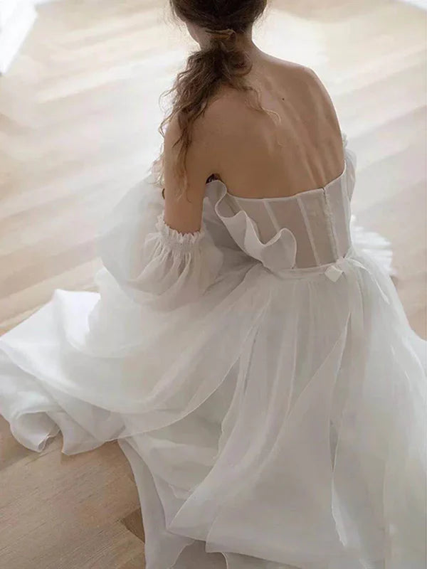 Girlhomeshops-White tulle fairy long floor-length wedding dress prom dress gh5391