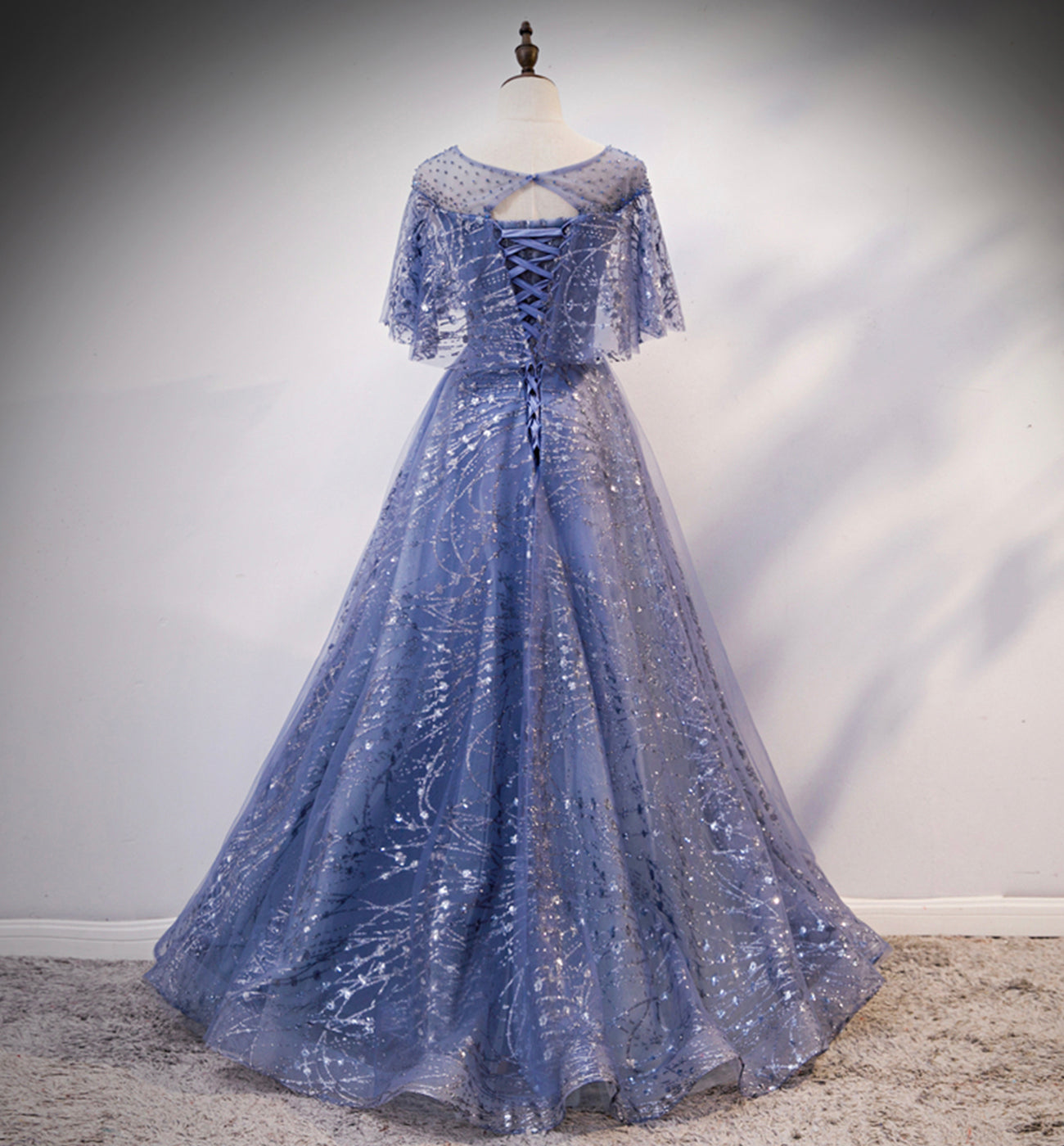 Blue tulle sequins long ball gown dress evening dress 8619
