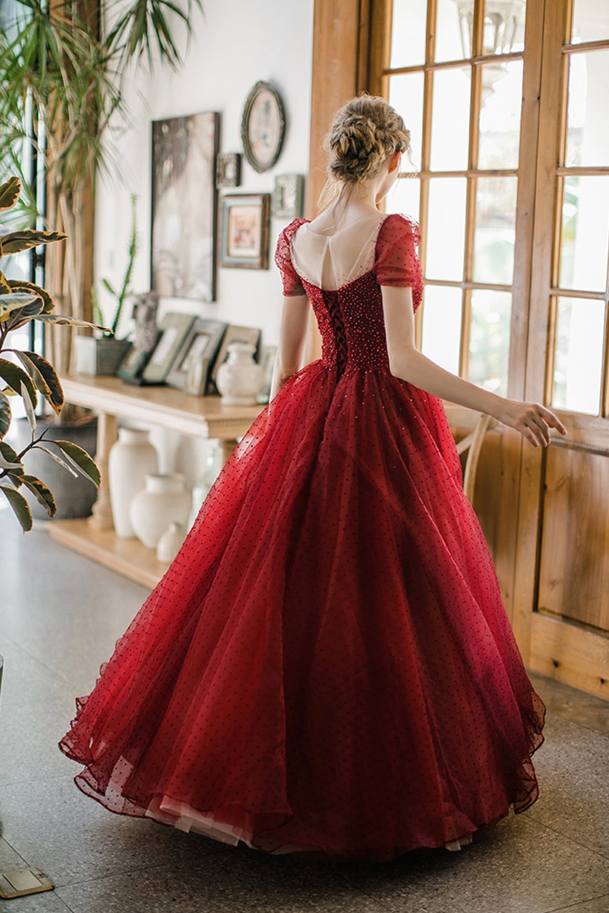 Burgundy Sparkling Beaded A-line Long Tulle Elegant Ball Gown Evening Dress 8645