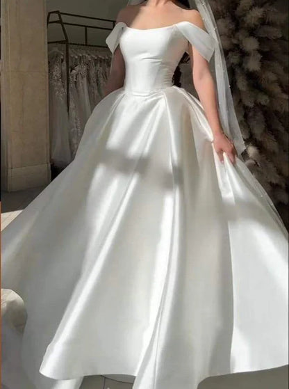 Girlhomeshops-White satin off-the-shoulder long floor-length wedding prom dress gh5392
