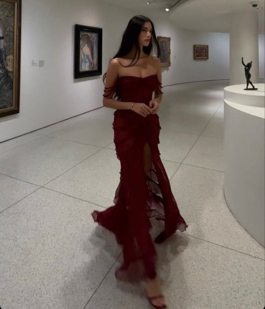 Sexy Burgundy Chiffon Long Prom Dresses Formal Evening Dress