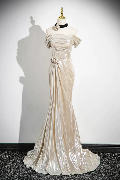 Champagne Off The Shoulder Satin Party Dress, Elegant Mermaid Evening Dress cc2647