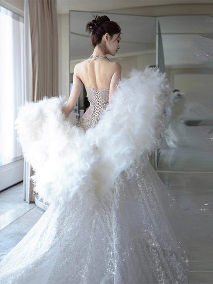 Elegant Silver-White Mermaid Sweetheart Neckline Pearl-Beaded Tulle Train Prom Dress Evening Dress cc5123