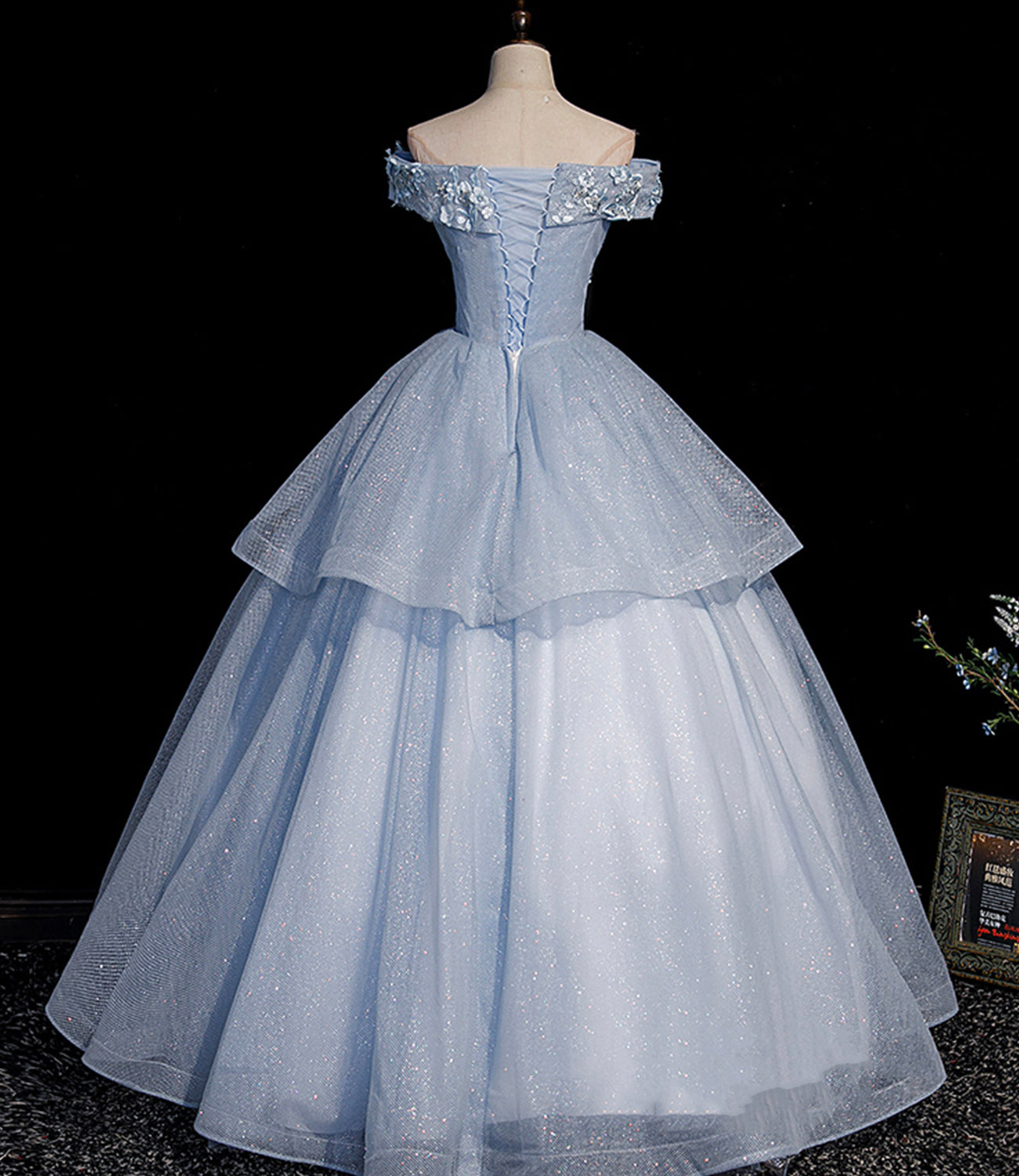 Blue tulle lace long ball gown dress formal dresses  10475
