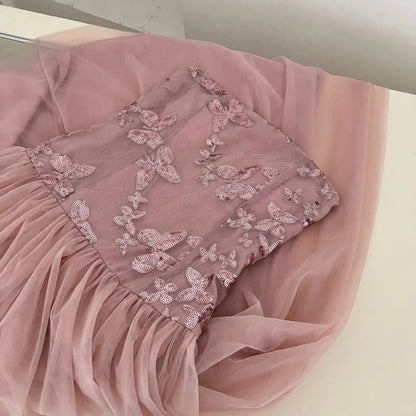Elegant Pink A-line Tube Top Sequined Tulle Long Prom Dress Evening Dress Bridesmaid Dress cc5271