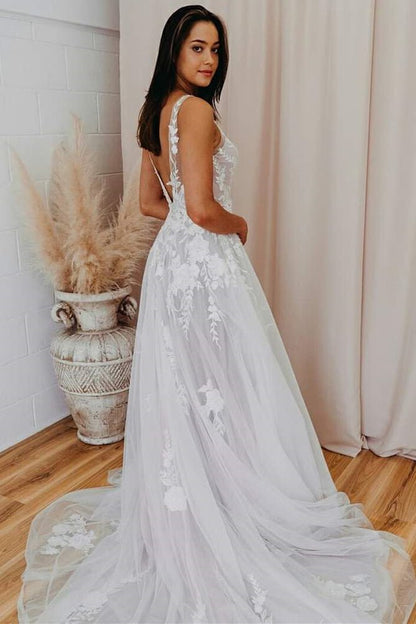 Malaya | A-Line V Back Long White Wedding Dress with Lace Appliqued