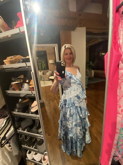 Vintage Blue Satin Print Tiered Ruffles A Line party Dress,Spaghetti Straps Prom Evening Dress cc2894