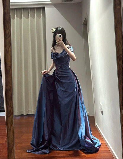 Retro Elegant Blue-Purple Off-Shoulder Hand-Pleated Satin Prom Dress Evening Dress cc5289
