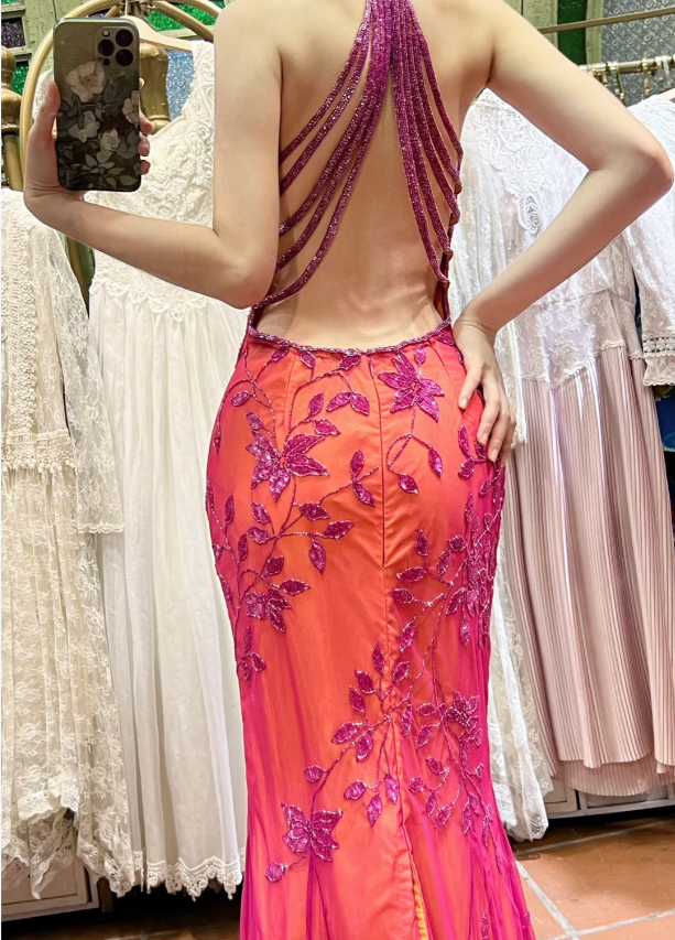 Retro Orange-Pink Mermaid Halter Neck Backless Beaded Tulle Long Prom Dress Evening Dress cc5290