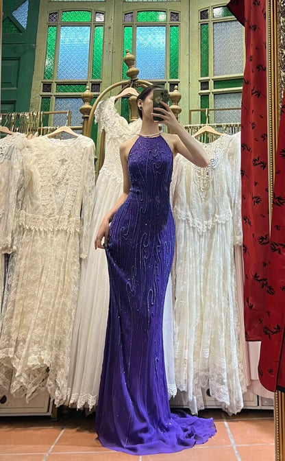 Vintage Deep Purple Mermaid Halter Neck Backless Beaded Chiffon Prom Dress Evening Dress cc5291