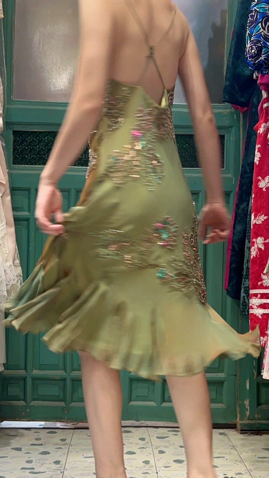 Retro Elegant Olive Green Deep V Backless Cross-Beaded Chiffon Long Prom Dress Evening Dress cc5292
